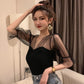 Mesh Stitching Design Sense Fashion Knit Sweater Top Black T-shirt Women