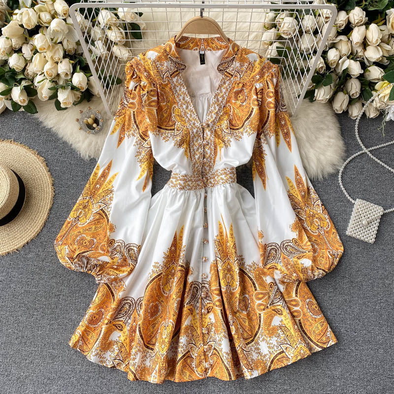 Retro Print Skirt Design Sense V-neck Bubble Long-sleeved Waist Slimming Single-breasted Dress Women