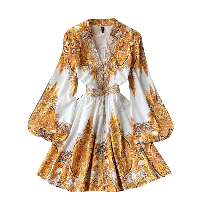 Retro Print Skirt Design Sense V-neck Bubble Long-sleeved Waist Slimming Single-breasted Dress Women