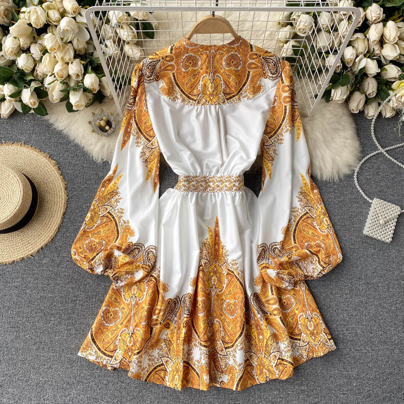 Retro Print Skirt Design Sense V-neck Bubble Long-sleeved Waist Slimming Single-breasted Dress Women
