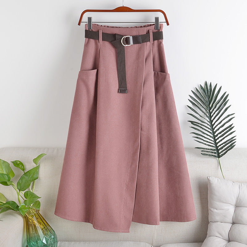 Mid-length Skirt With Belt And Big Pockets