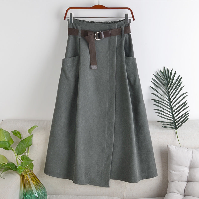 Mid-length Skirt With Belt And Big Pockets