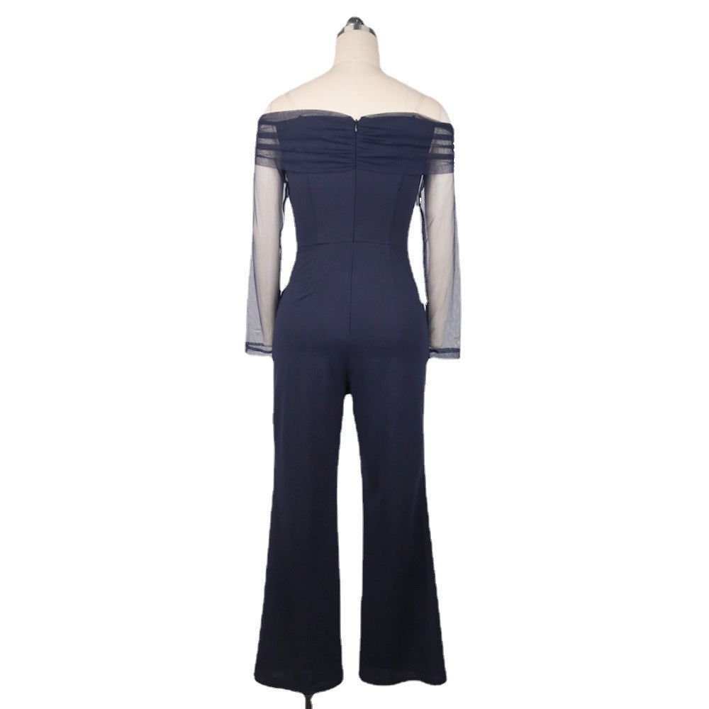 Combinaison sexy asymétrique en maille cousue, taille haute, grande taille, pantalon slim à jambes larges pour femme