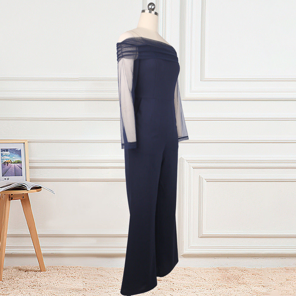 One-Shoulder Stitching Mesh High Waist Large Size Slim Wide Leg Pants Women's Jumpsuit