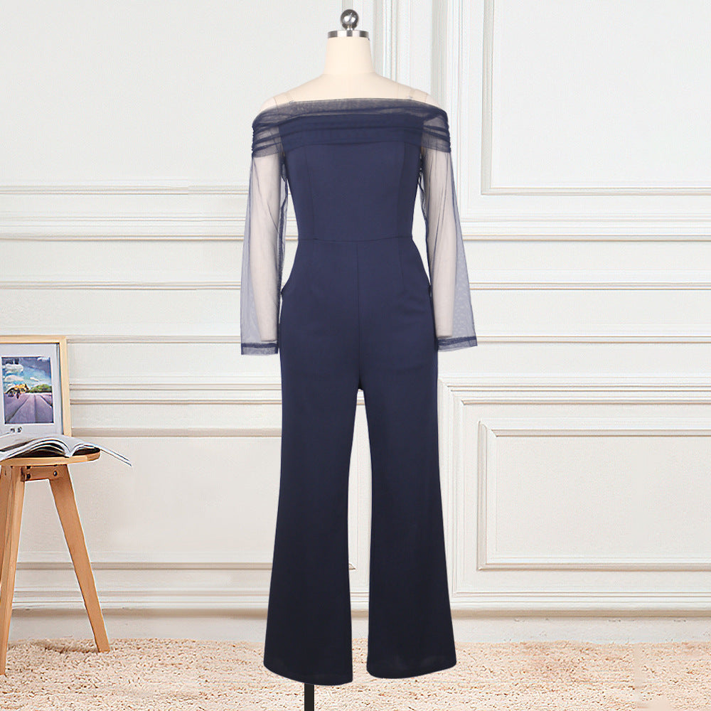 Combinaison sexy asymétrique en maille cousue, taille haute, grande taille, pantalon slim à jambes larges pour femme