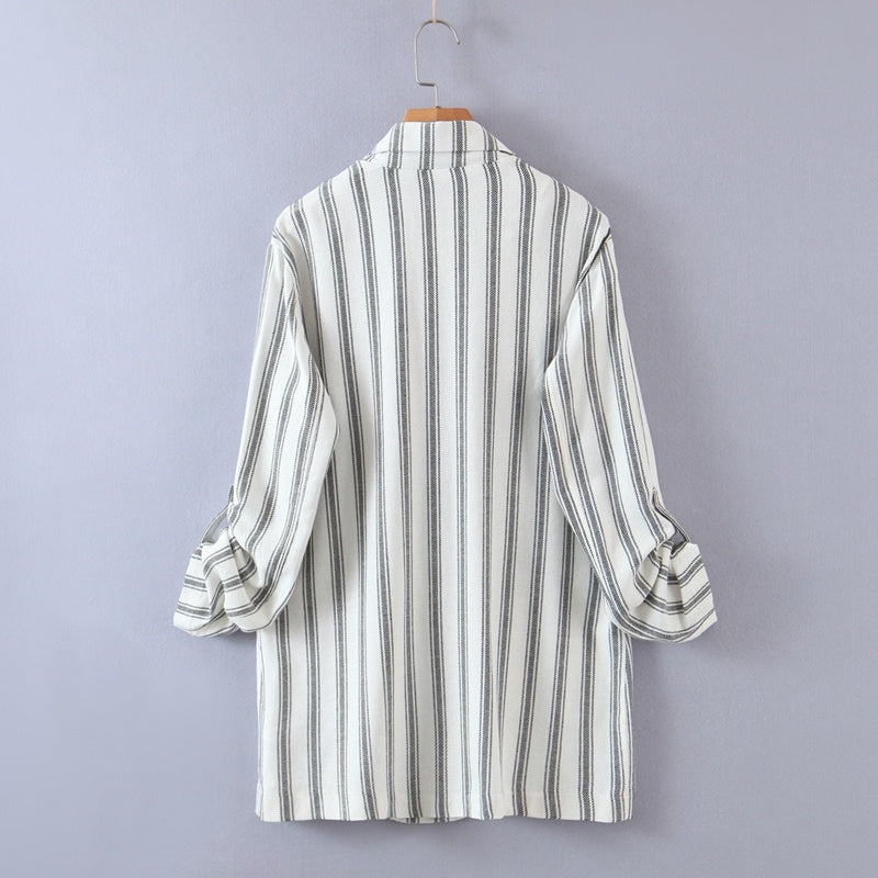 Costume décontracté à rayures et manches retroussées pour femme