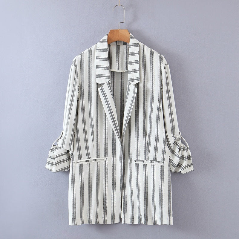 Costume décontracté à rayures et manches retroussées pour femme