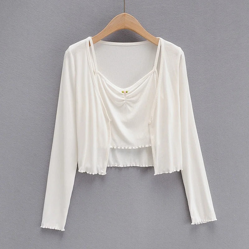 Cardigan Floral Sling Two-piece Solid Color Fret Waist V-neck Shirt