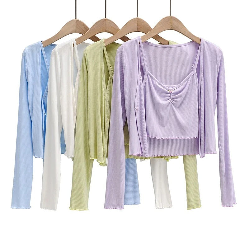 Cardigan Floral Sling Two-piece Solid Color Fret Waist V-neck Shirt