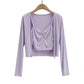 Cardigan Floral Sling Two-piece Solid Color Fret Waist V-neck Shirt
