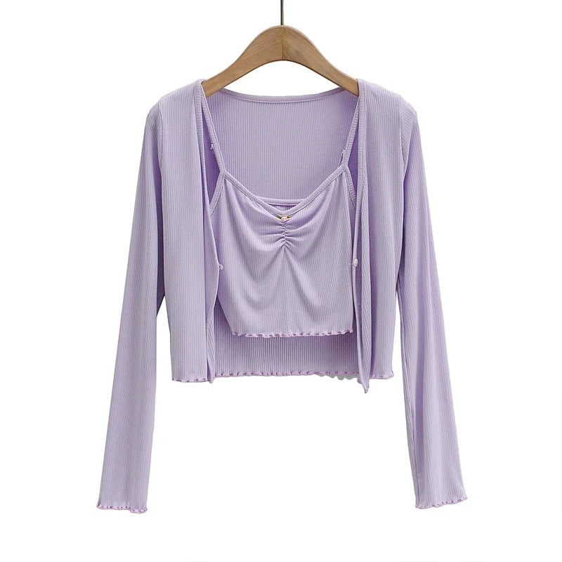 Cardigan Floral Sling Two-piece Solid Color Fret Waist V-neck Shirt