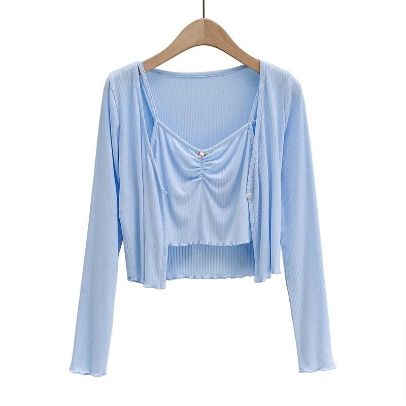 Cardigan Floral Sling Two-piece Solid Color Fret Waist V-neck Shirt