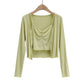 Cardigan Floral Sling Two-piece Solid Color Fret Waist V-neck Shirt