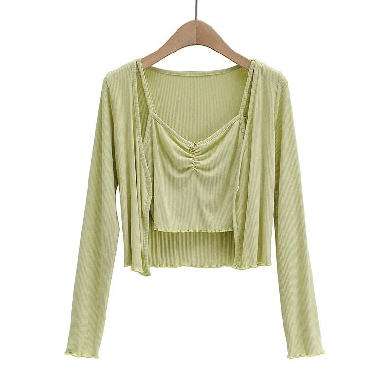 Cardigan Floral Sling Two-piece Solid Color Fret Waist V-neck Shirt