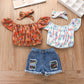 Printed Pullover Denim Shorts Suit European And American Summer Three-piece Children's Clothing Girls Pants Suit