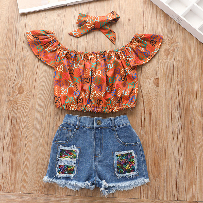 Printed Pullover Denim Shorts Suit European And American Summer Three-piece Children's Clothing Girls Pants Suit