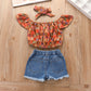 Printed Pullover Denim Shorts Suit European And American Summer Three-piece Children's Clothing Girls Pants Suit