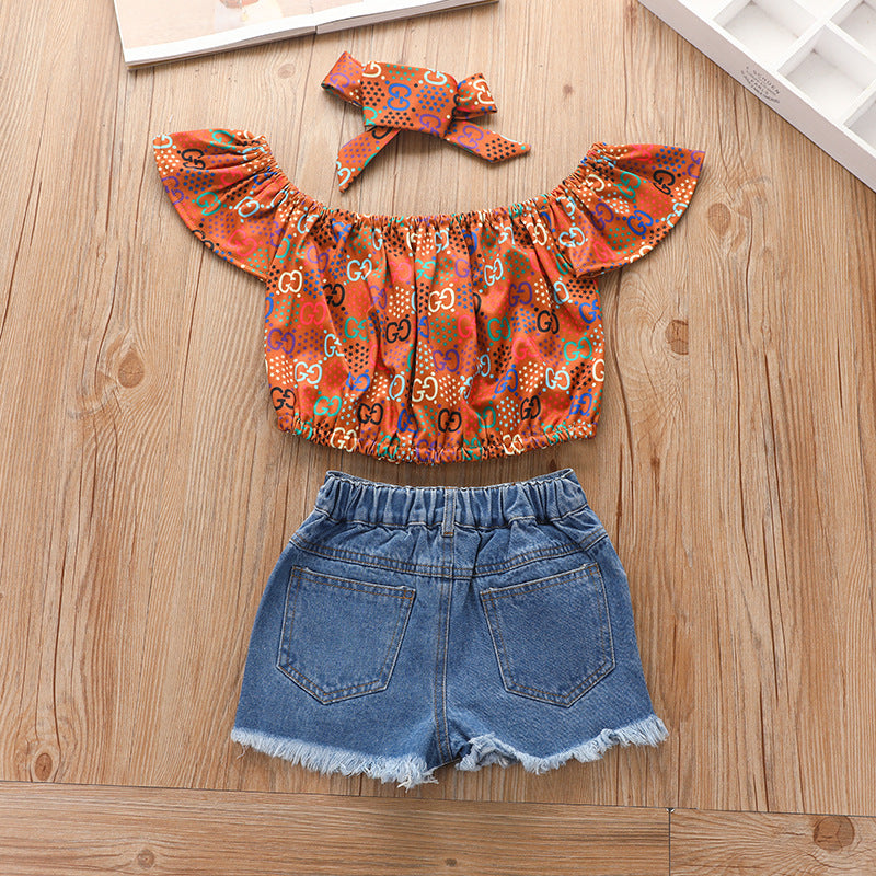 Printed Pullover Denim Shorts Suit European And American Summer Three-piece Children's Clothing Girls Pants Suit