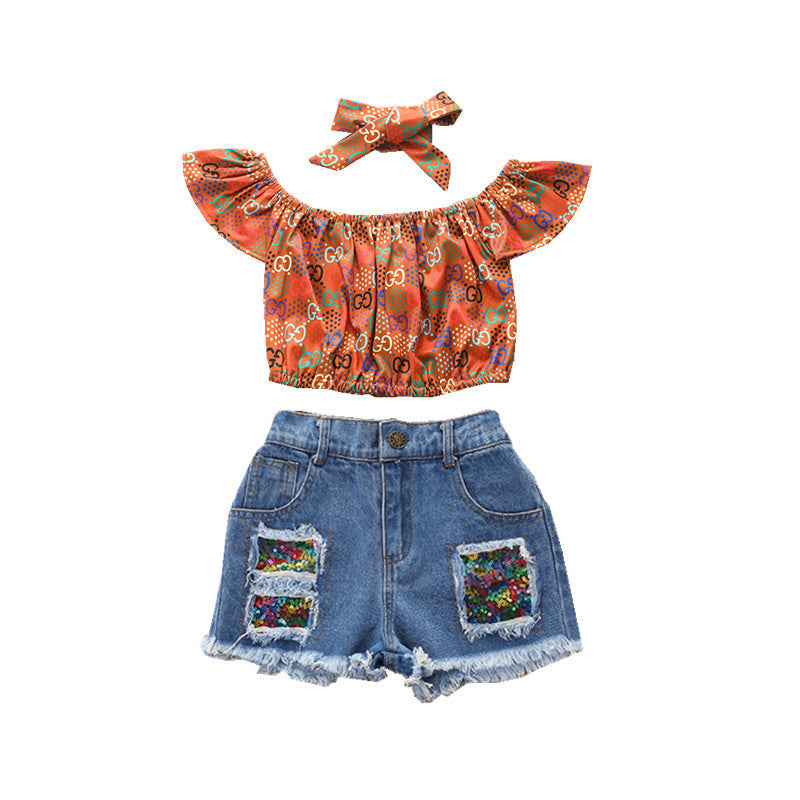 Printed Pullover Denim Shorts Suit European And American Summer Three-piece Children's Clothing Girls Pants Suit