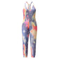 V Neck Suspender Jumpsuit Casual Tie Dye Homewear