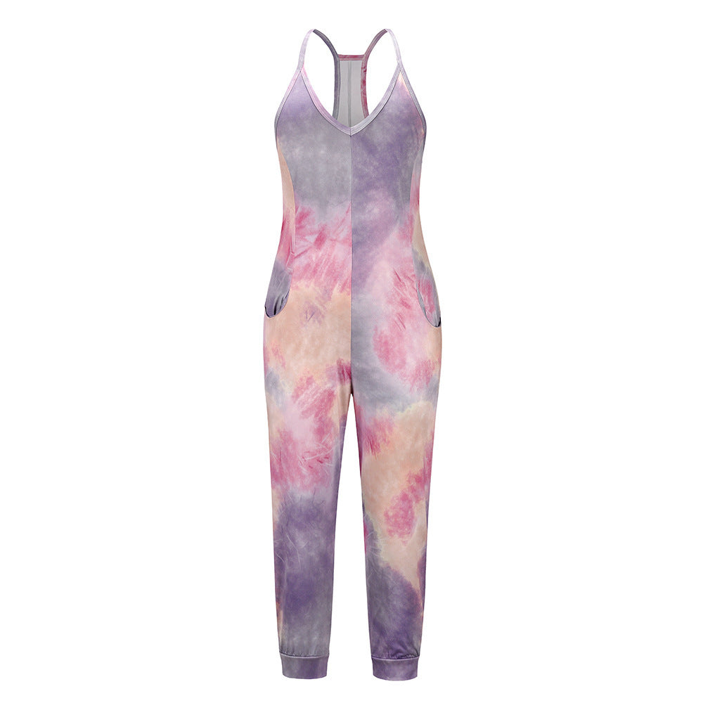 V Neck Suspender Jumpsuit Casual Tie Dye Homewear