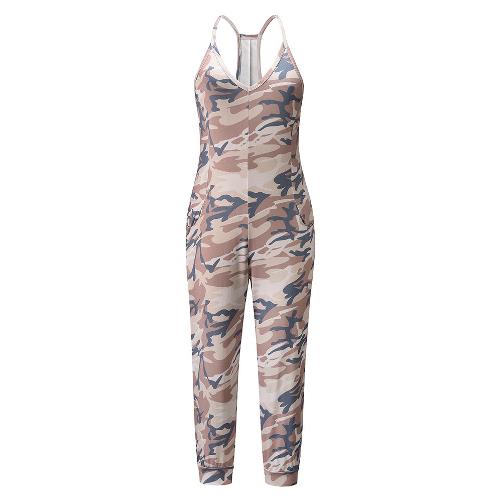 V Neck Suspender Jumpsuit Casual Tie Dye Homewear