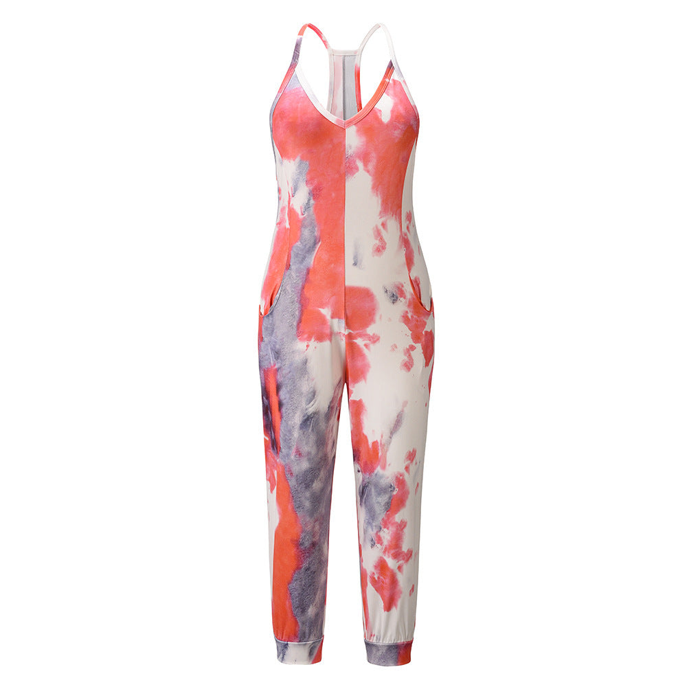 V Neck Suspender Jumpsuit Casual Tie Dye Homewear