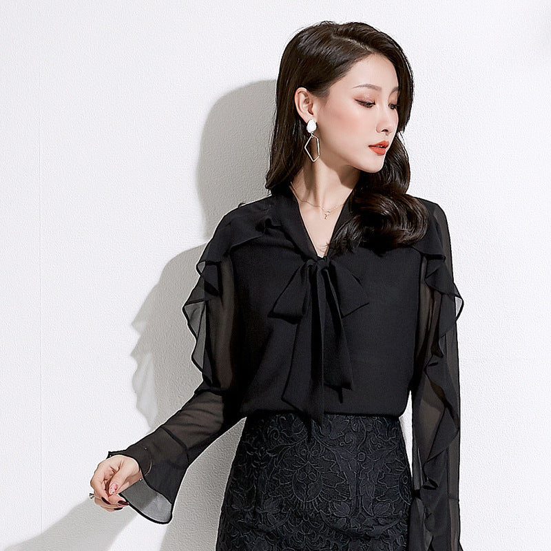 Bowknot V-neck Temperament Small Shirt Ruffled Chiffon Shirt
