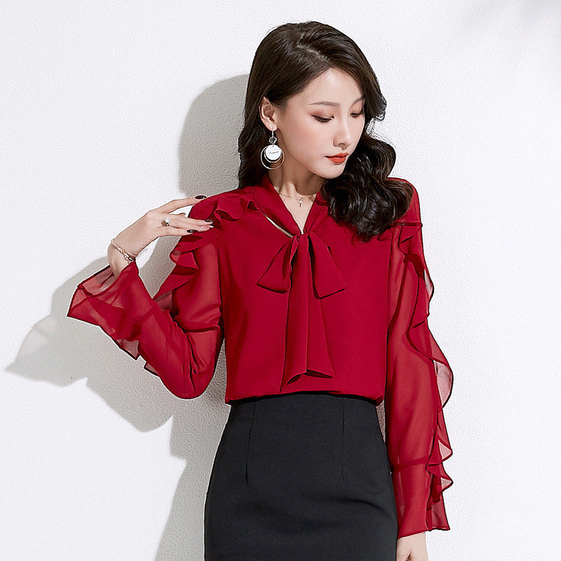 Bowknot V-neck Temperament Small Shirt Ruffled Chiffon Shirt