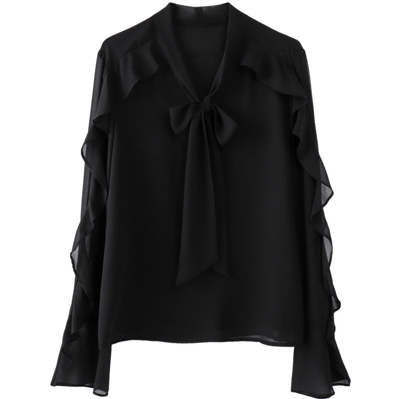 Bowknot V-neck Temperament Small Shirt Ruffled Chiffon Shirt