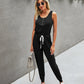 Summer Solid Color Casual Pocket Lace Up Women's Knitted Jumpsuit