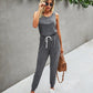 Summer Solid Color Casual Pocket Lace Up Women's Knitted Jumpsuit
