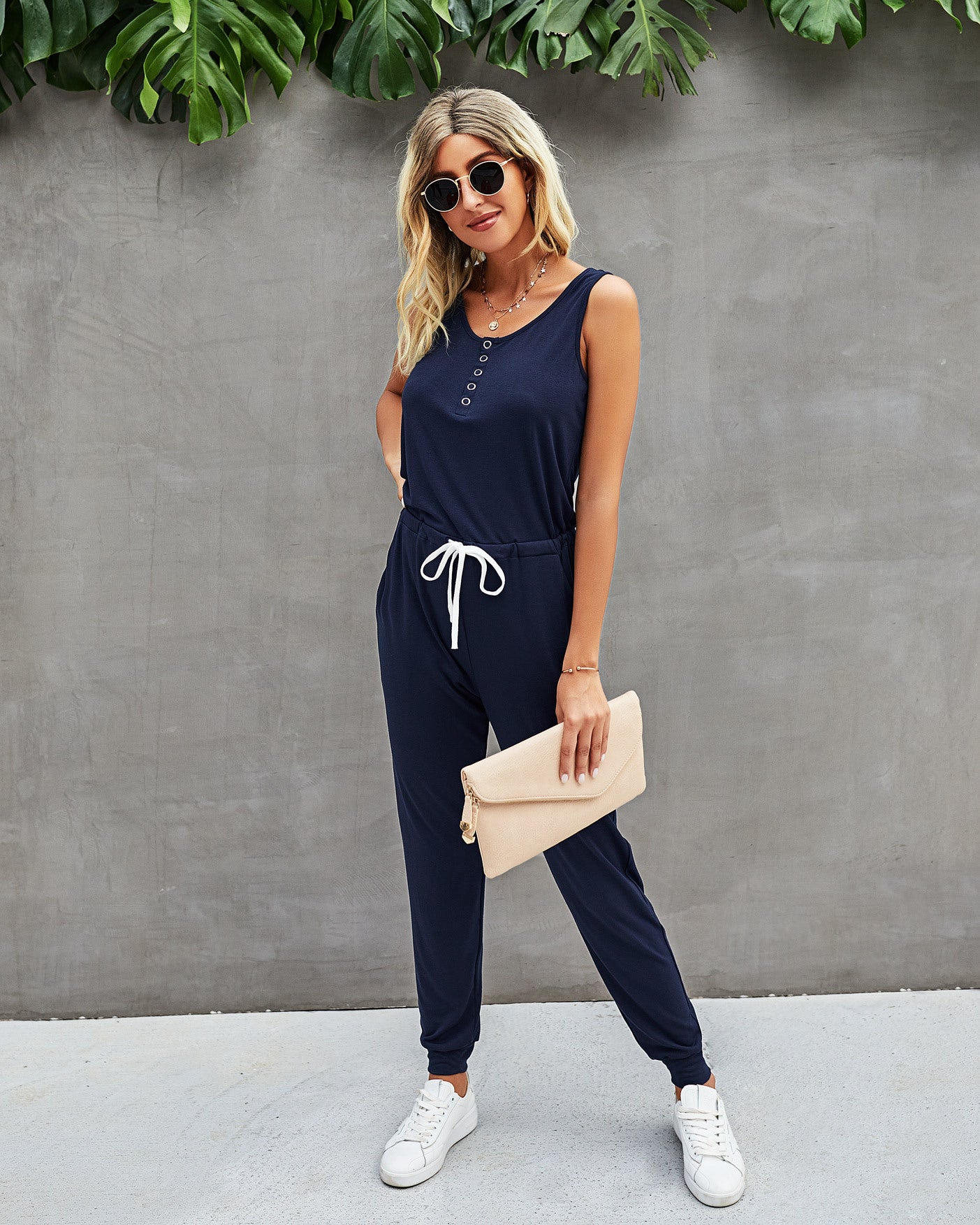 Summer Solid Color Casual Pocket Lace Up Women's Knitted Jumpsuit