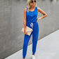 Summer Solid Color Casual Pocket Lace Up Women's Knitted Jumpsuit