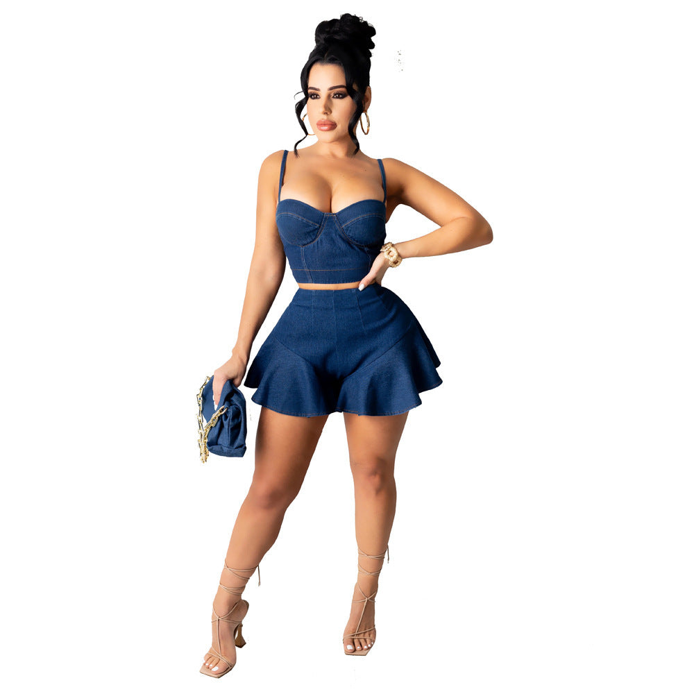 Beyprern Runway Medium Denim Straps Crop Top And High Waist