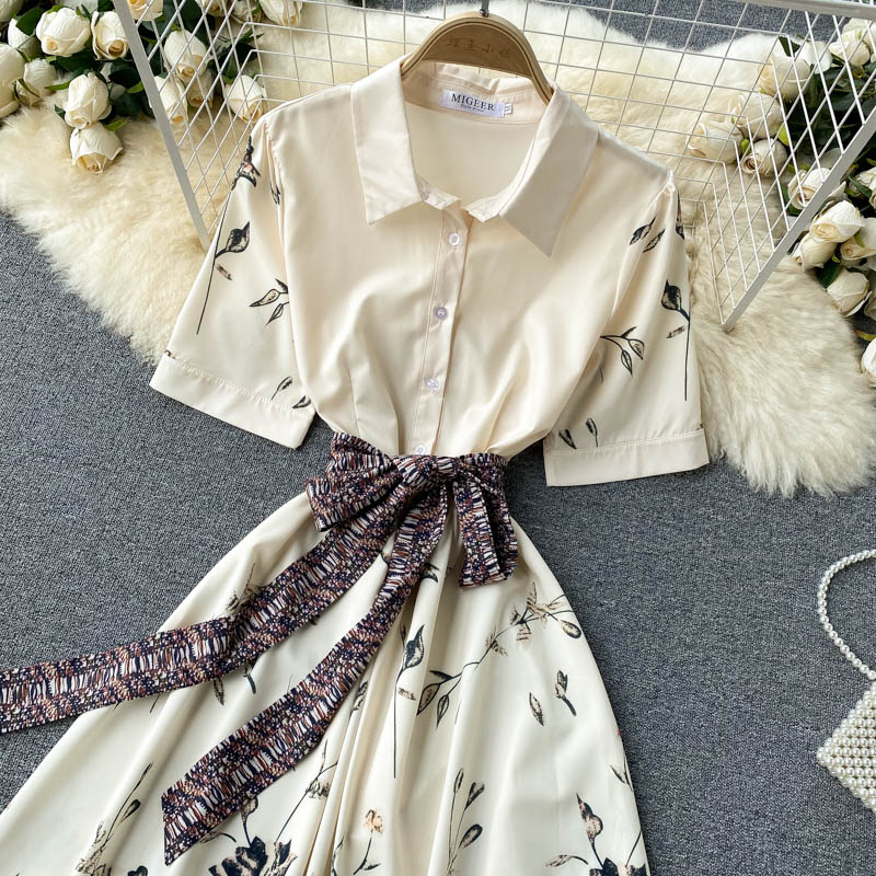 Polo Collar Buttoned Slim Mid-length Design Print Dress
