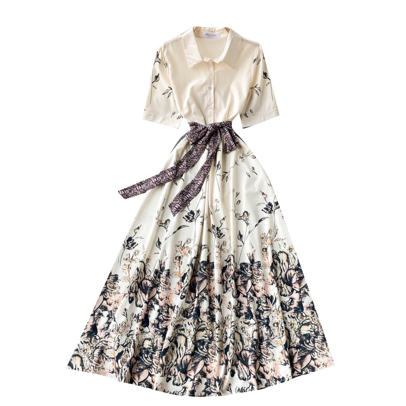 Polo Collar Buttoned Slim Mid-length Design Print Dress