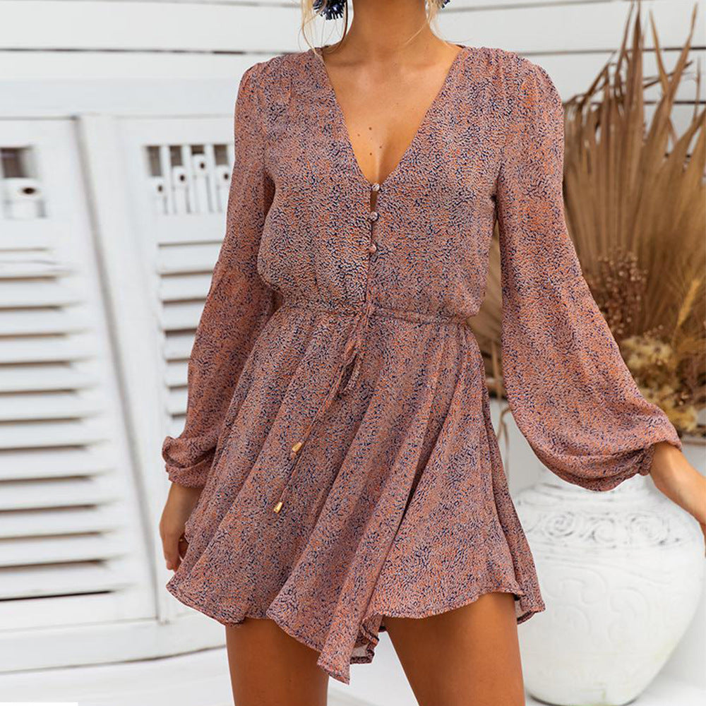 V-Neck Long-Sleeved Drawstring Lace-Up Beach Jumpsuit
