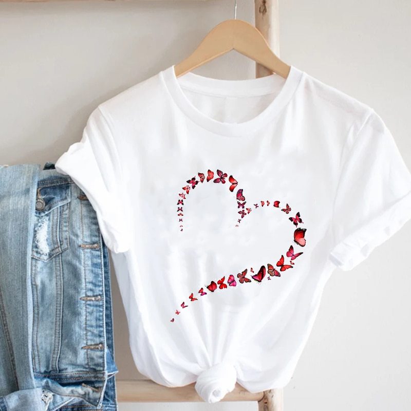 Butterfly Love Heart Shape Print Short Sleeve
