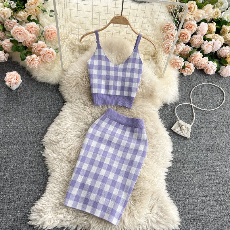 Top Short Knit V Fairy Sweet Child College High Two-piece Suit