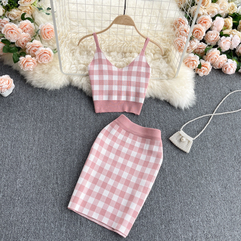 Top Short Knit V Fairy Sweet Child College High Two-piece Suit