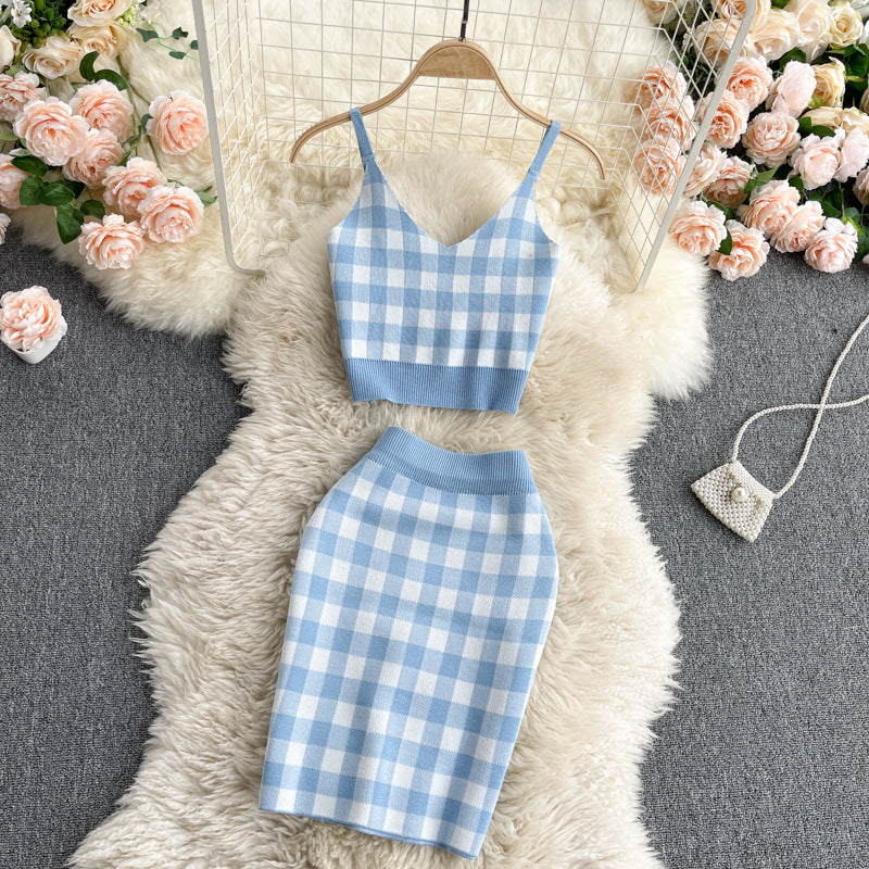Top Short Knit V Fairy Sweet Child College High Two-piece Suit