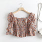 French Floral Pattern, Long-sleeved Square Collar Shirt Top Women