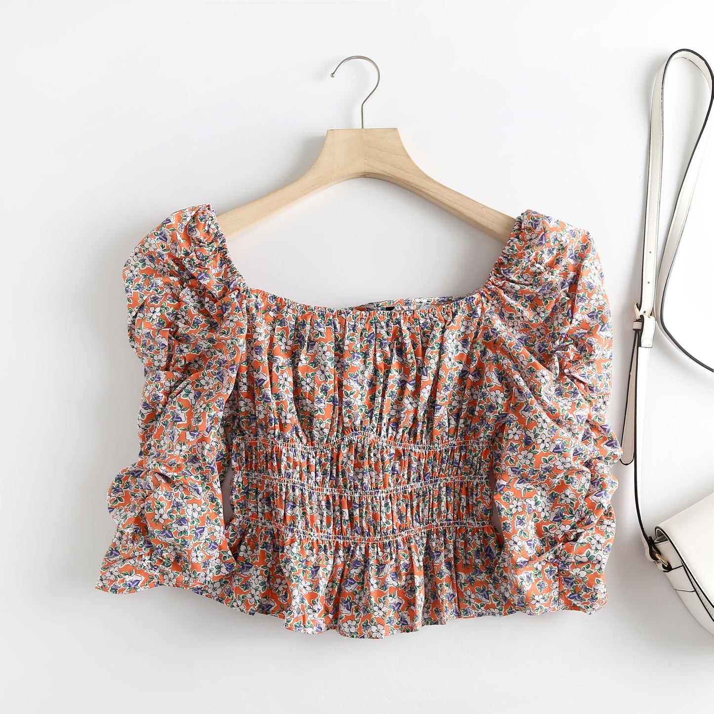 French Floral Pattern, Long-sleeved Square Collar Shirt Top Women