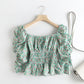 French Floral Pattern, Long-sleeved Square Collar Shirt Top Women