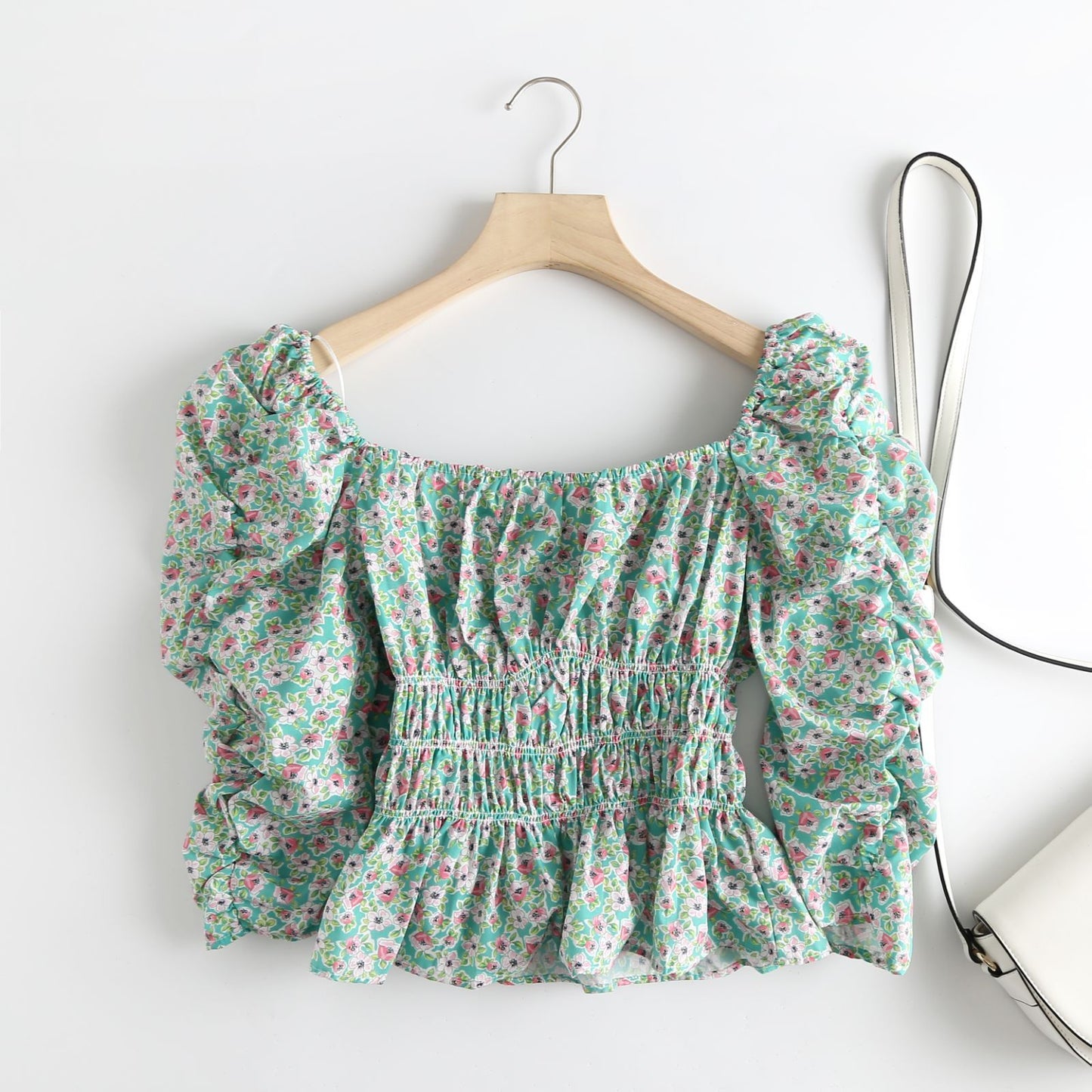 French Floral Pattern, Long-sleeved Square Collar Shirt Top Women