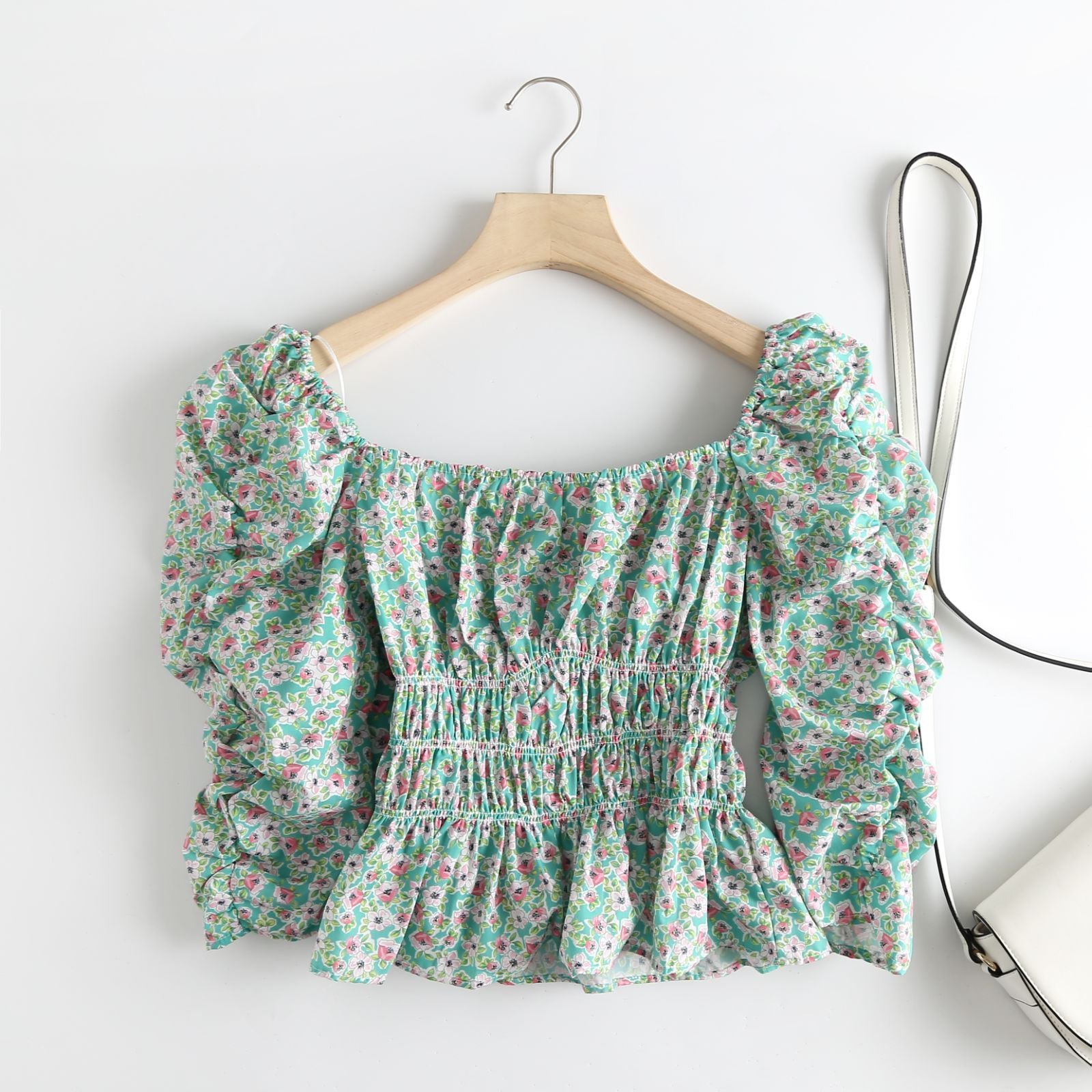 French Floral Pattern, Long-sleeved Square Collar Shirt Top Women