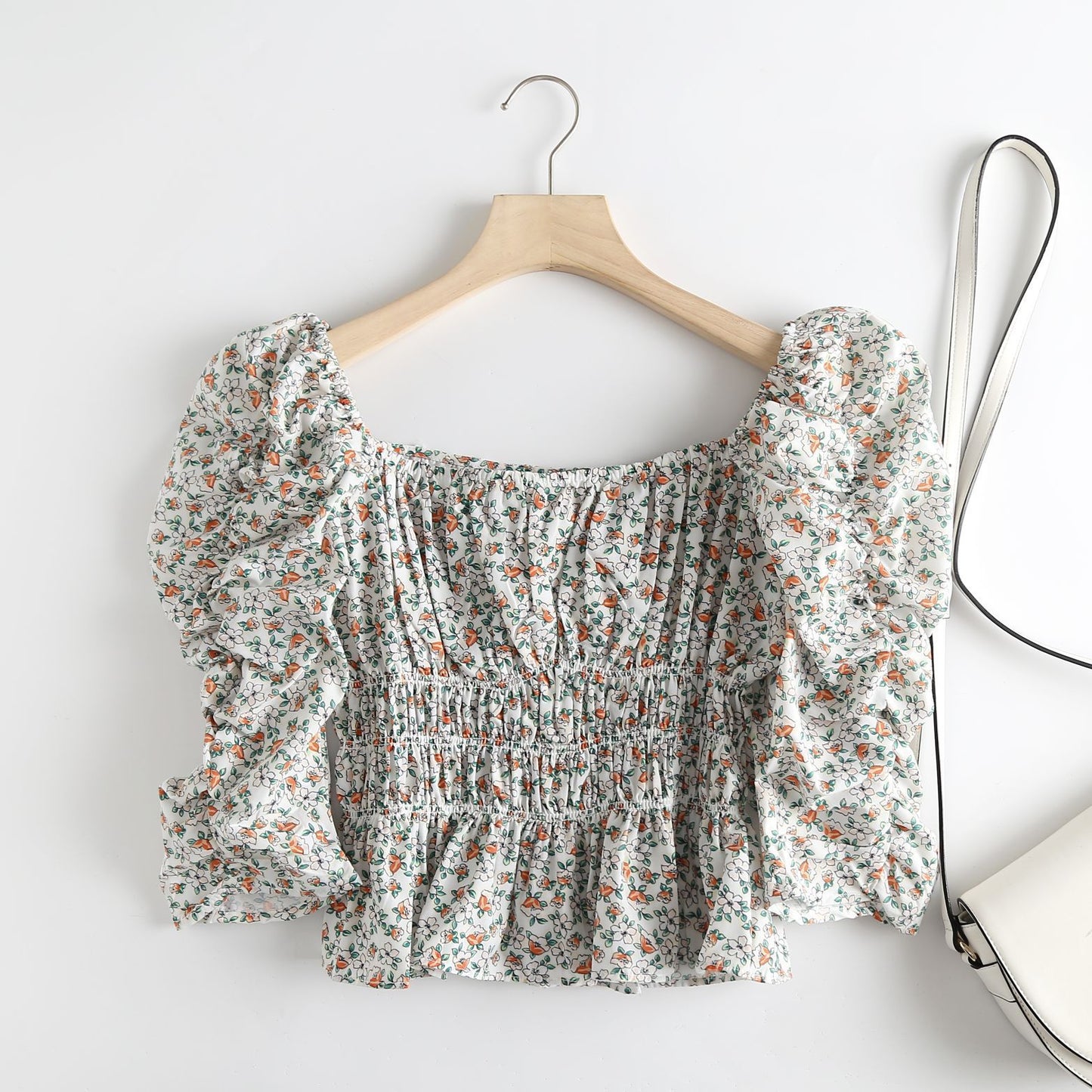 French Floral Pattern, Long-sleeved Square Collar Shirt Top Women