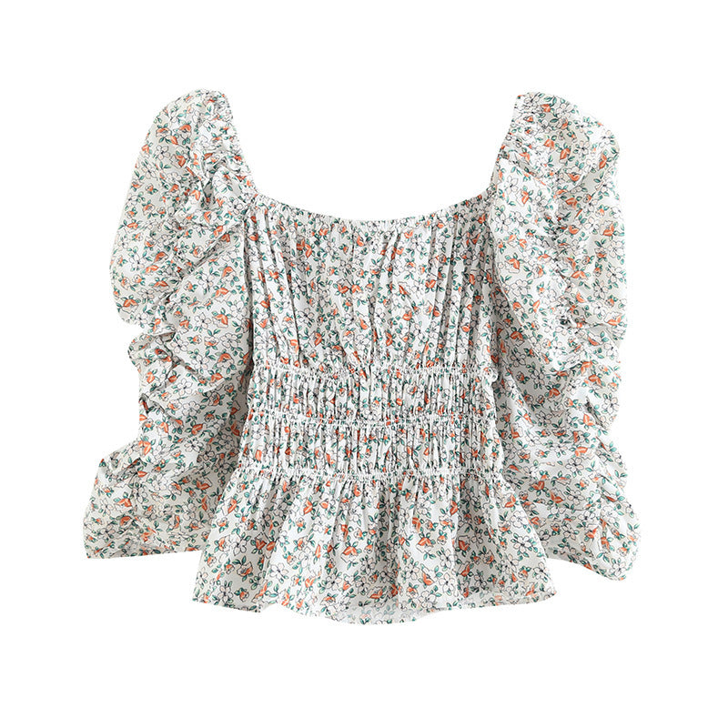 French Floral Pattern, Long-sleeved Square Collar Shirt Top Women