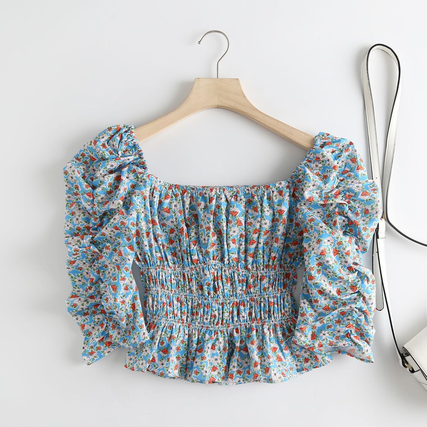 French Floral Pattern, Long-sleeved Square Collar Shirt Top Women